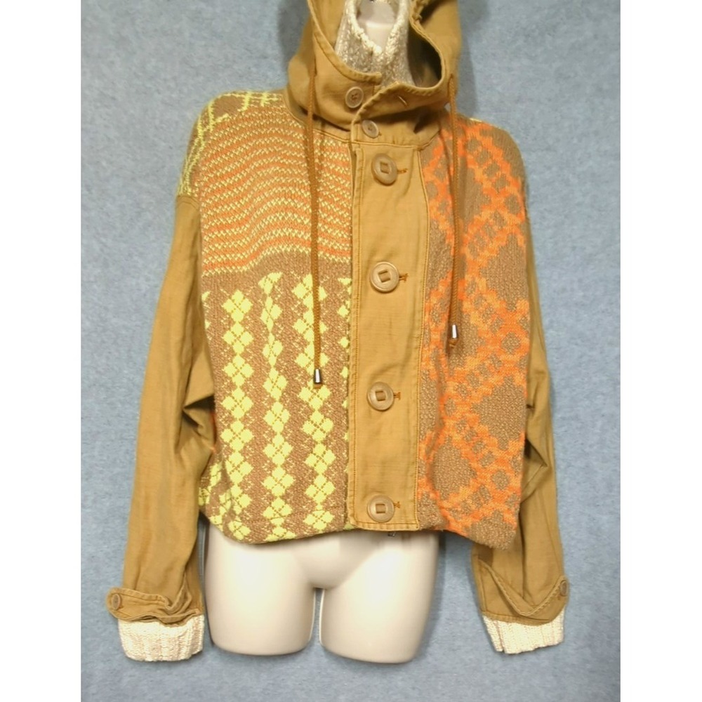 Free People Reno Knit Jacket S Hooded Patchwork Relaxed Fit Hood Cool Boho Hip